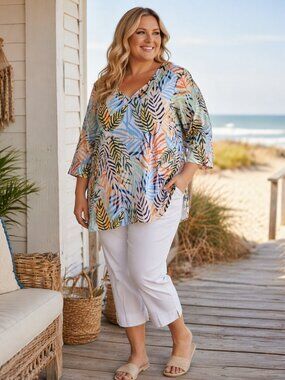 Tahari 3X Plus Size Colorful Leaf Print Tunic Top 100% Cotton Boho Beachy NWT